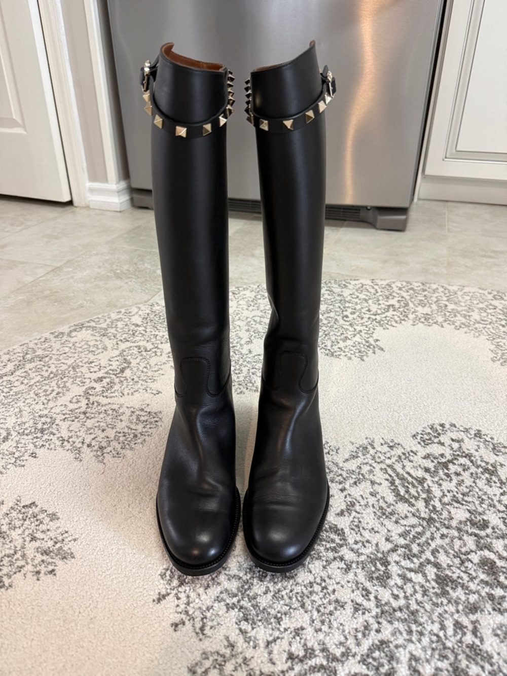 Valentino Garavani Black Leather Over-the-Knee Boots with Gold Stud Strap